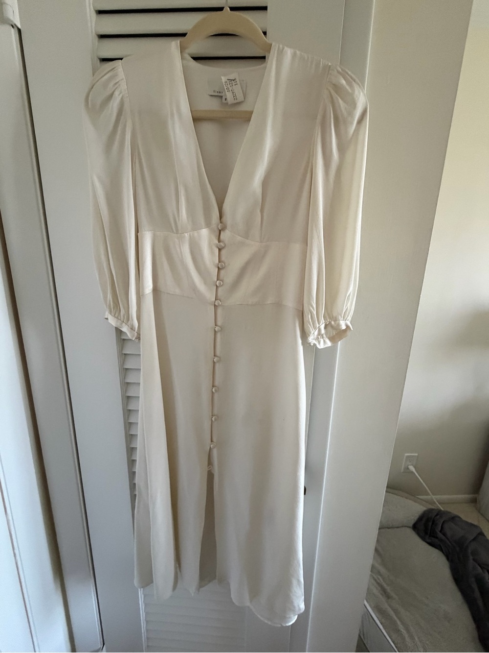 Fleur du Mal Silk Ivory Midi Dress with Puff Sleeves